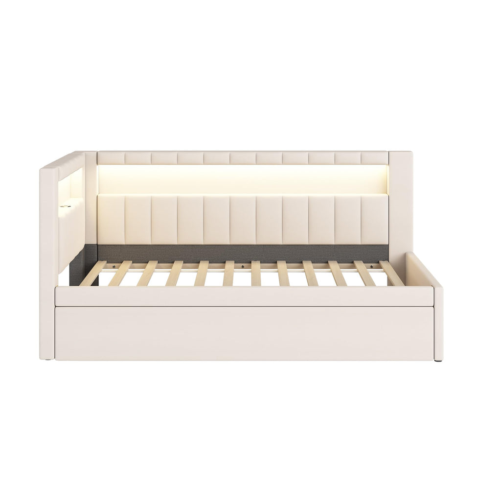 Twin Size Upholstered Daybed with Trundle and USB LED Belt M208