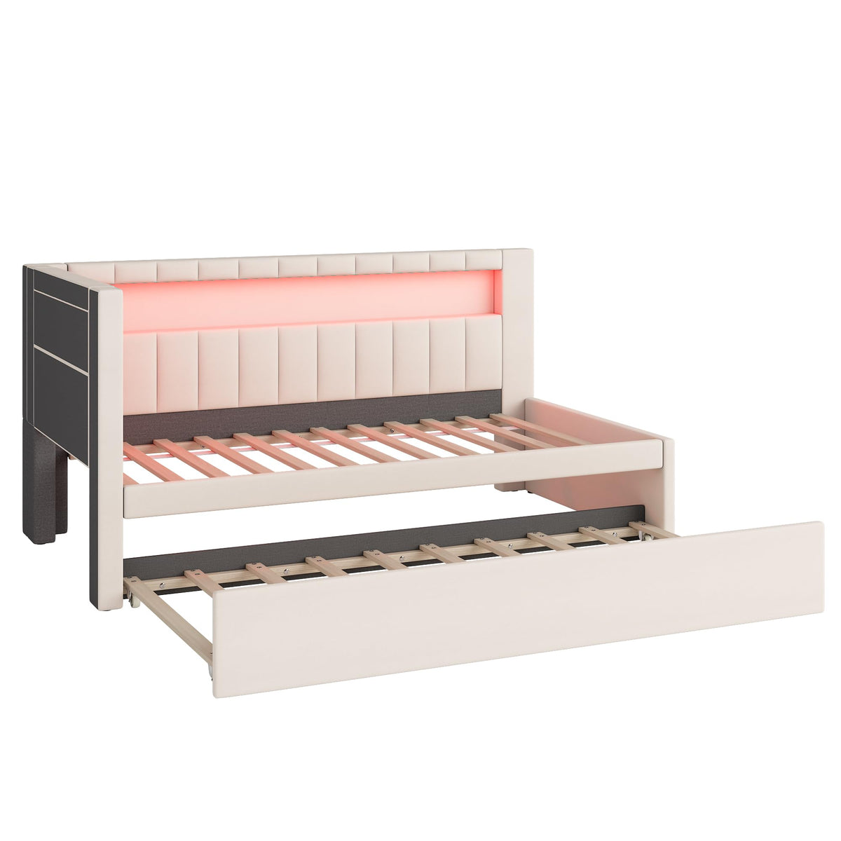 Twin Size Upholstered Daybed with Trundle and USB LED Belt M208