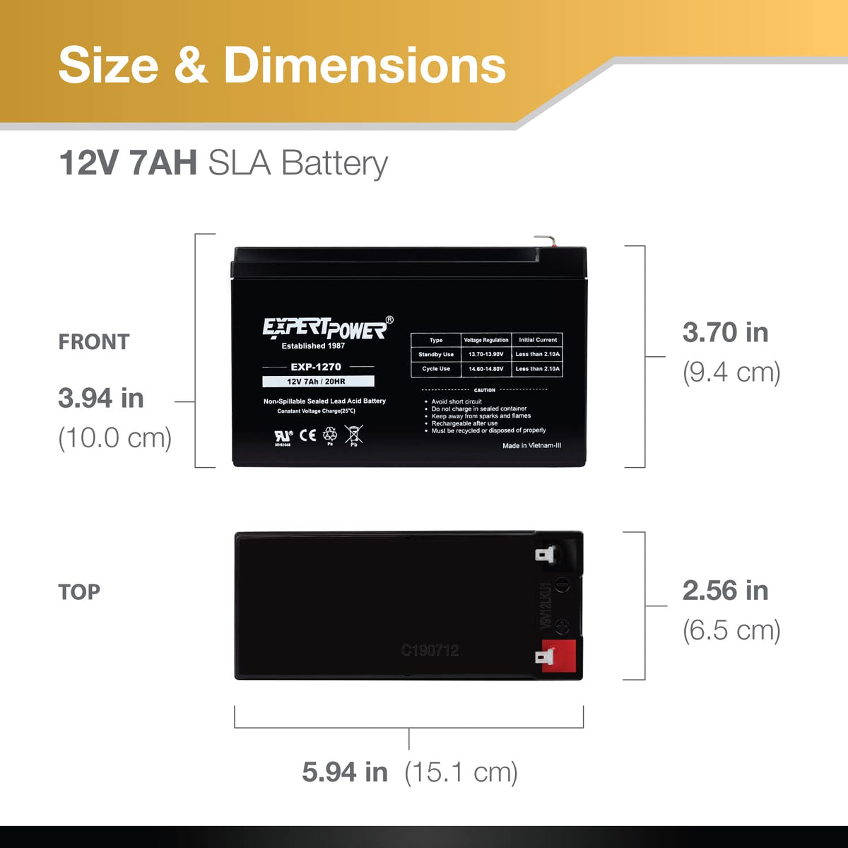 12V 7Ah Rechargeable SLA Battery with F1 Terminals W2464