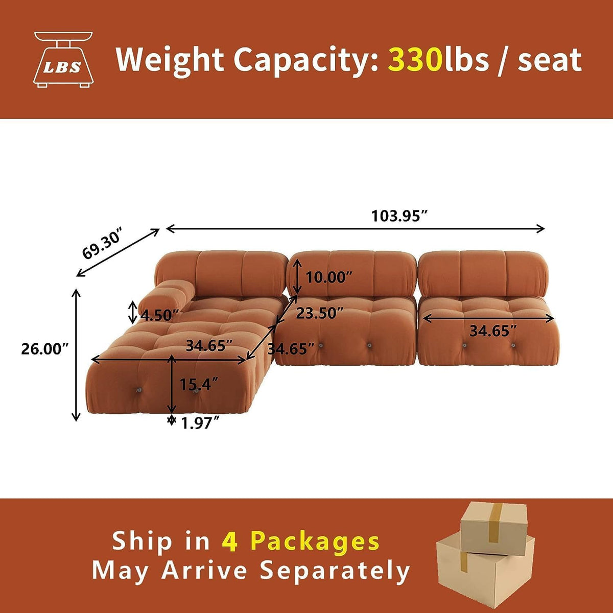 104" L-Shaped Velvet Sectional Sofa with Reversible Chaise Ottoman M7750