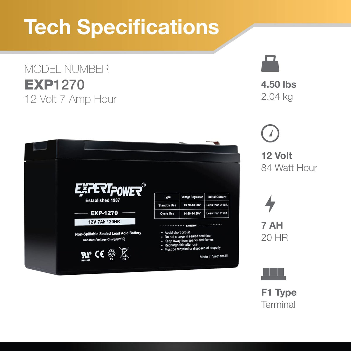 12V 7Ah Rechargeable SLA Battery with F1 Terminals W2464