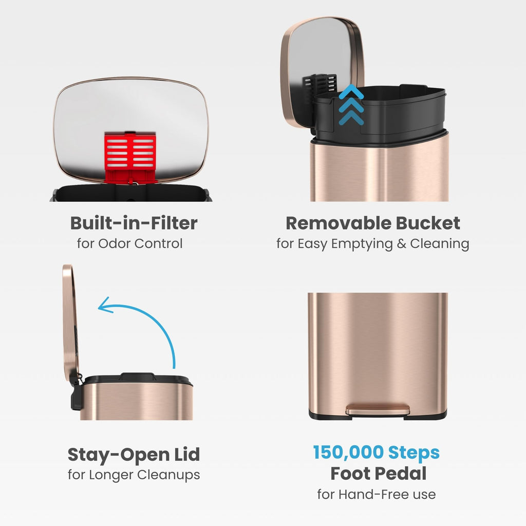 13.2 Gallon Rose Gold Stainless Steel Step Trash Can T810