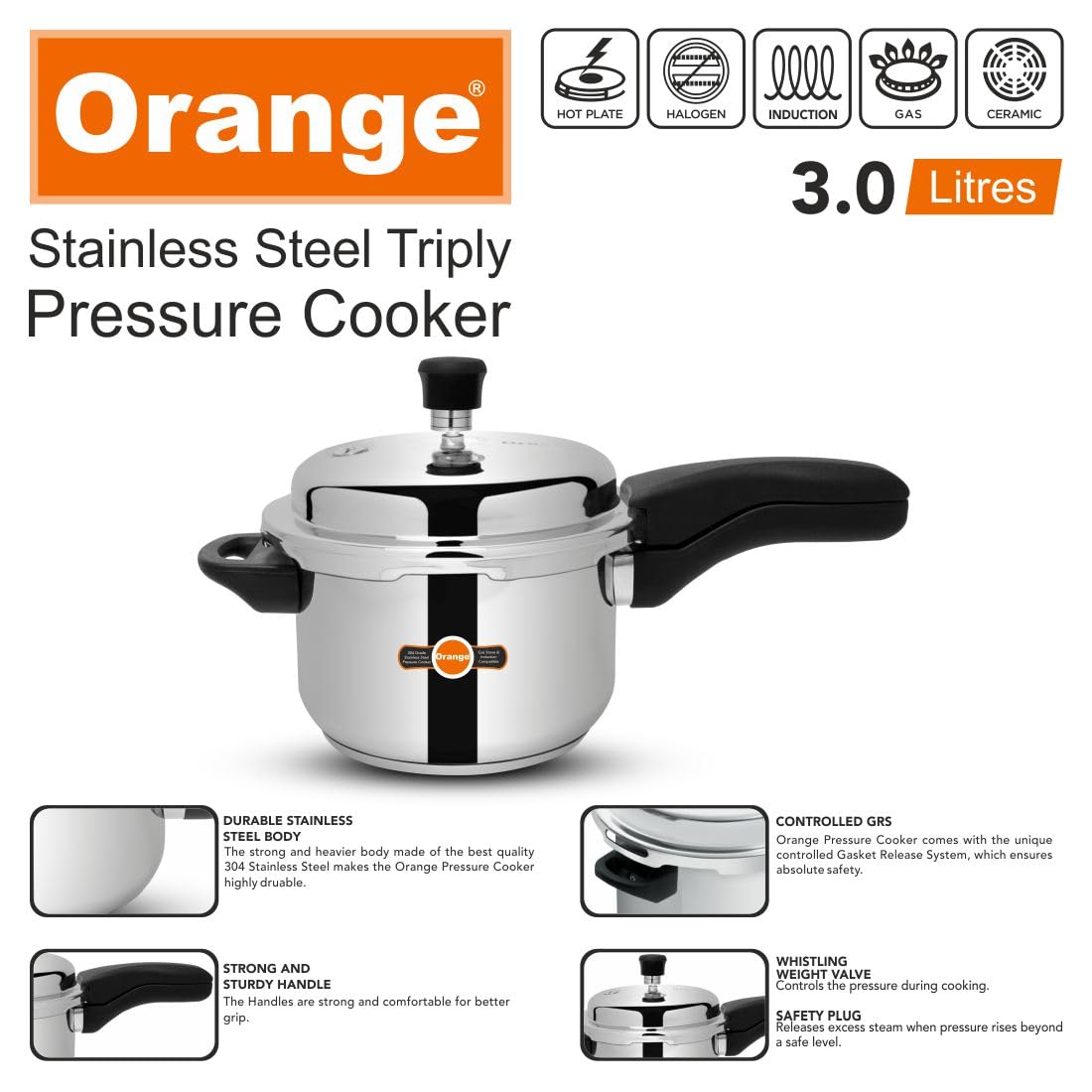 Orange Triply Stainless Steel Pressure Cooker 3L F735