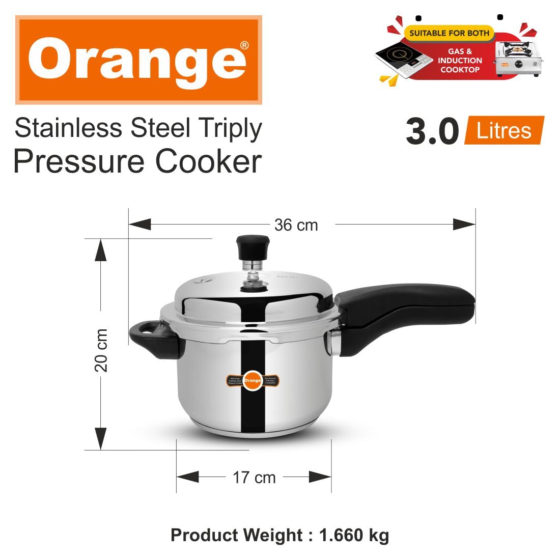 Orange Triply Stainless Steel Pressure Cooker 3L F735