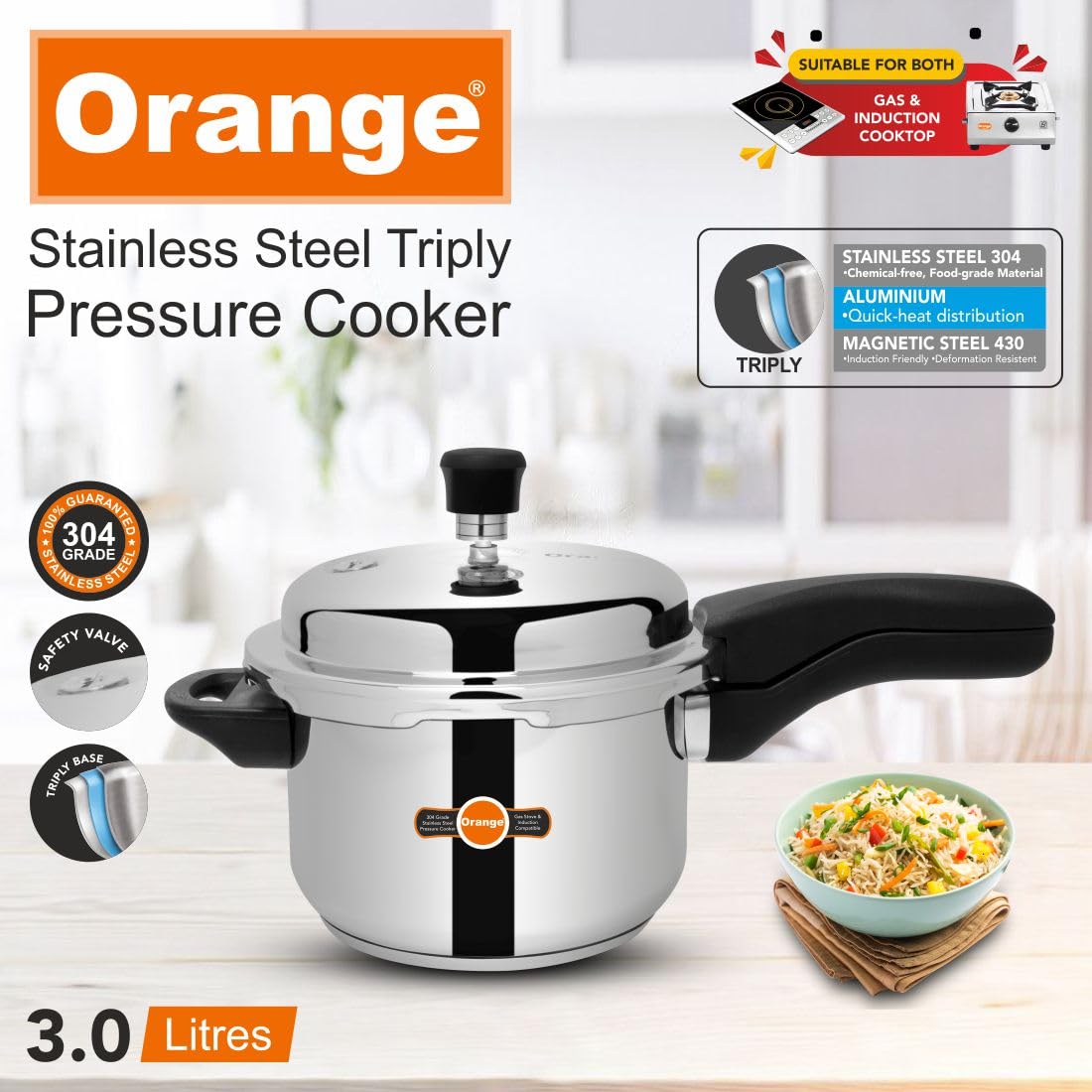 Orange Triply Stainless Steel Pressure Cooker 3L F735