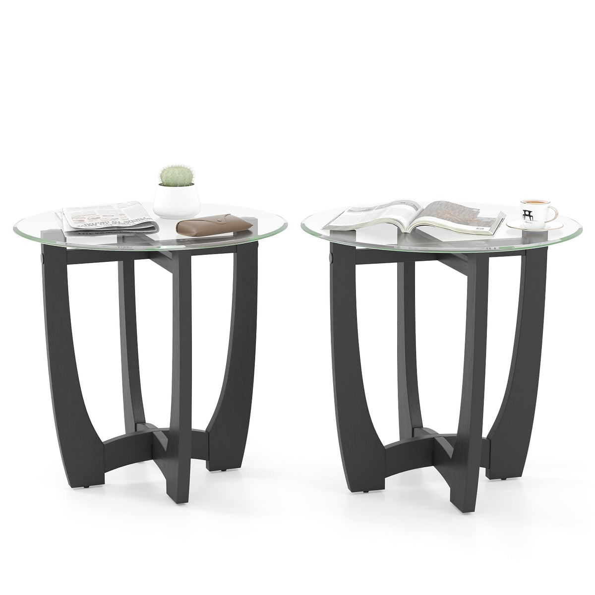 Glass Round End Table Set of 2, 23.5" Black D31412