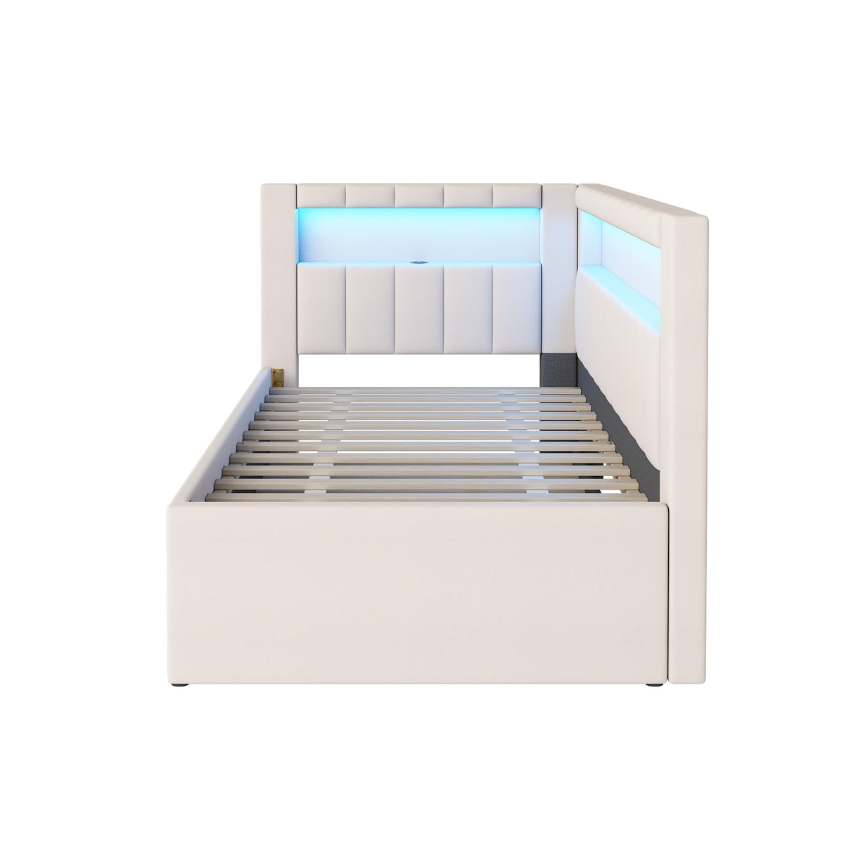 Twin Size Upholstered Daybed with Trundle and USB LED Belt M208