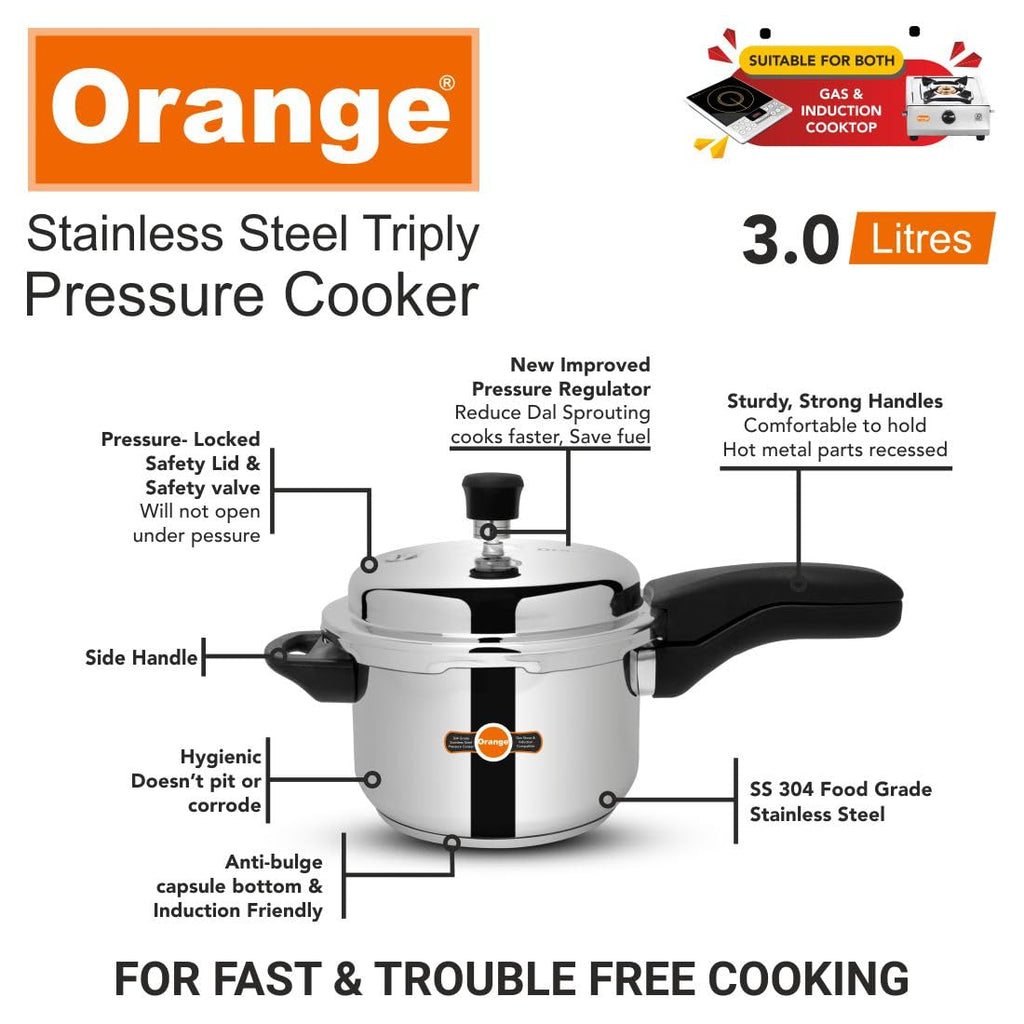 Orange Triply Stainless Steel Pressure Cooker 3L F735