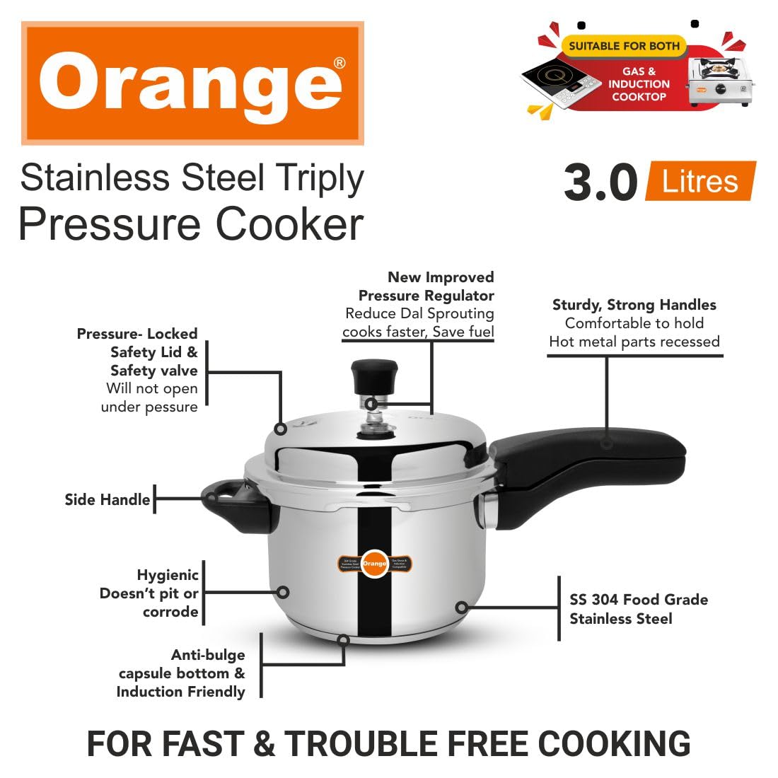Orange Triply Stainless Steel Pressure Cooker 3L F735