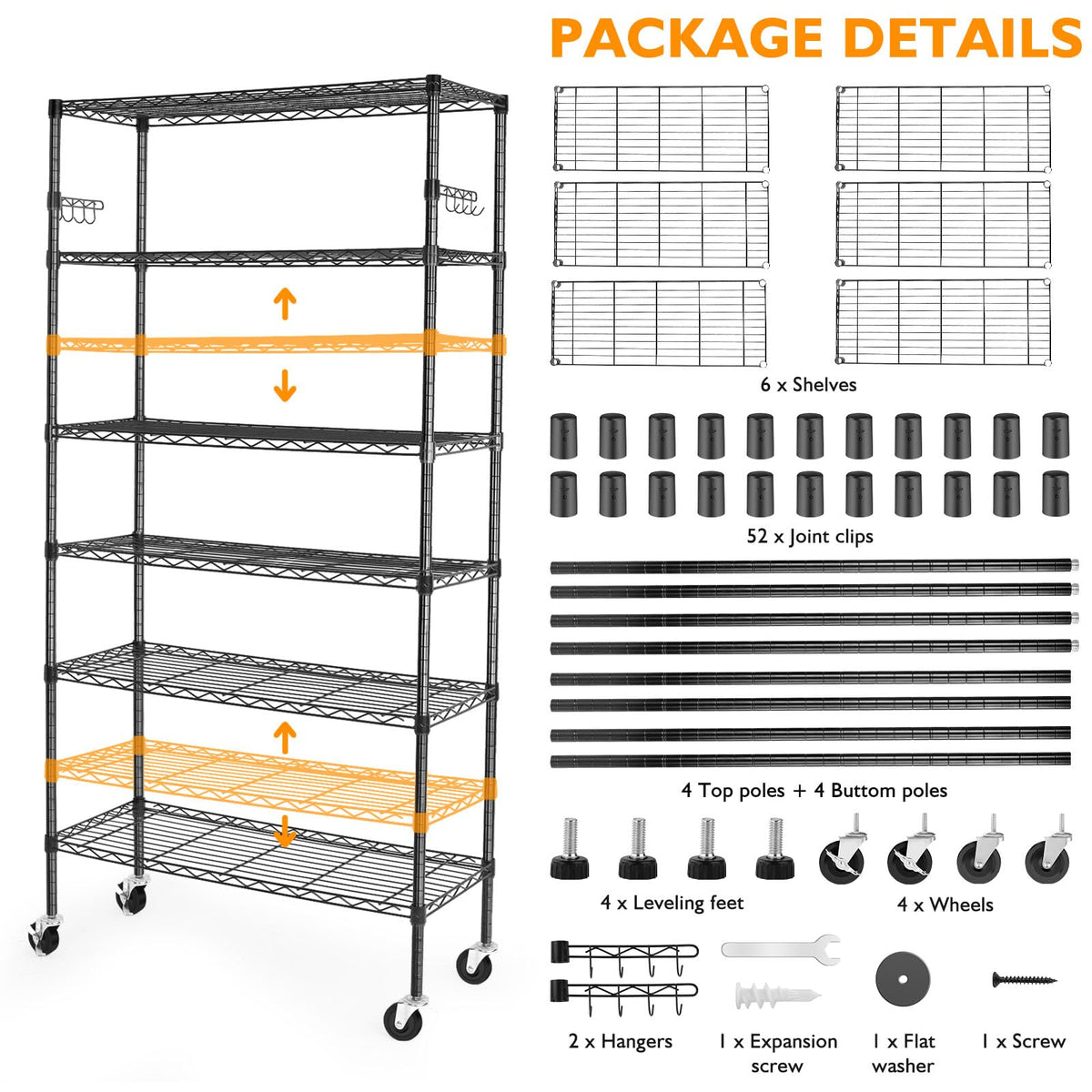 6 Tier Heavy Duty Adjustable Metal Wire Shelving Rack with Wheels, Black B26927
