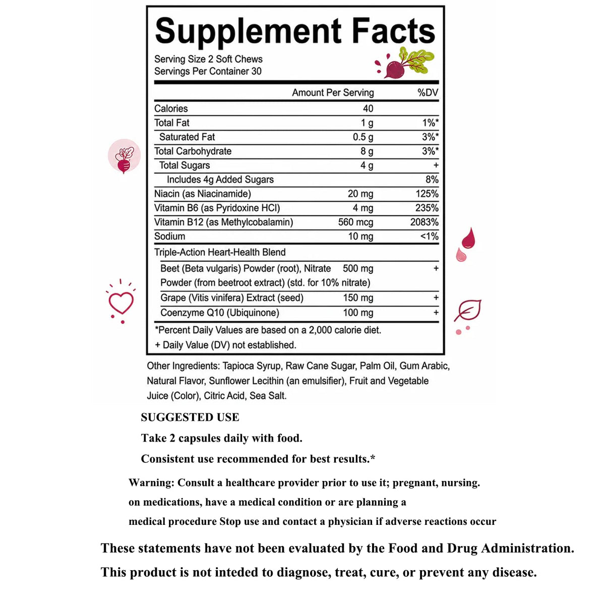 Beet Root Gummies with L-CoQ10 & Grape Seed, Sugar-Free Vegan, 60 Chew R197