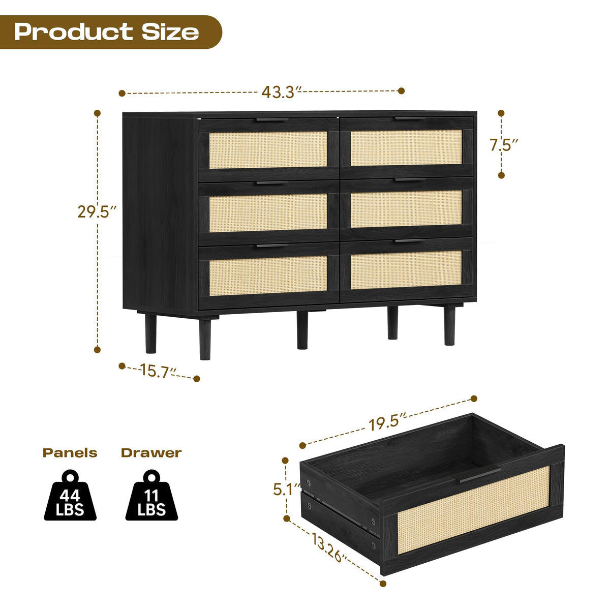 6 Drawer Rattan Wood Dresser F7837