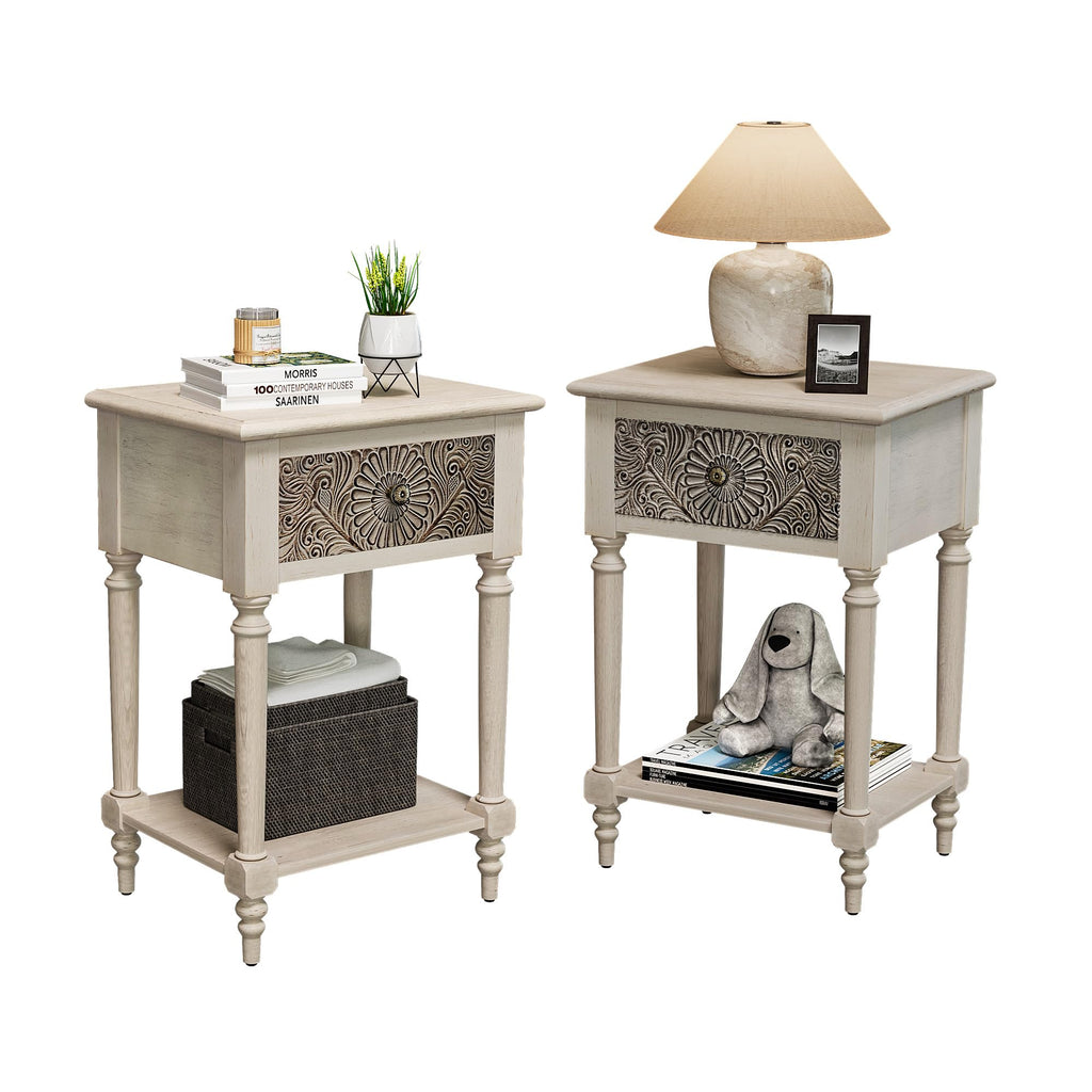 Vintage Wood Nightstand Set of 2 with Drawer and Open Shelf Q976