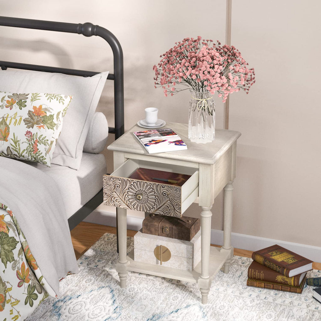 Vintage Wood Nightstand Set of 2 with Drawer and Open Shelf Q976