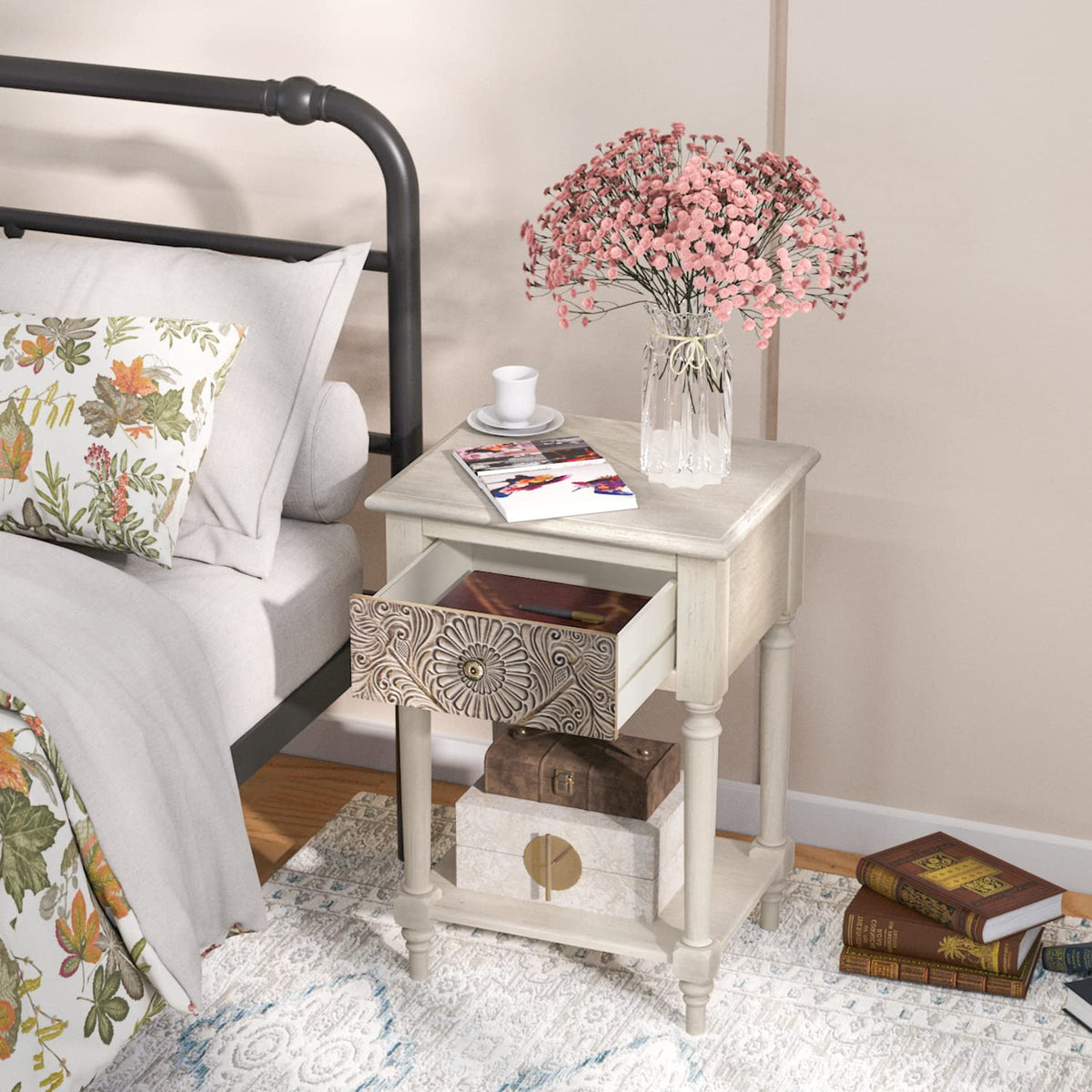 Vintage Wood Nightstand Set of 2 with Drawer and Open Shelf Q976