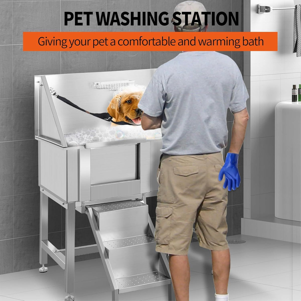 38 Inch Stainless Steel Dog Grooming Tub with Ramp X4781