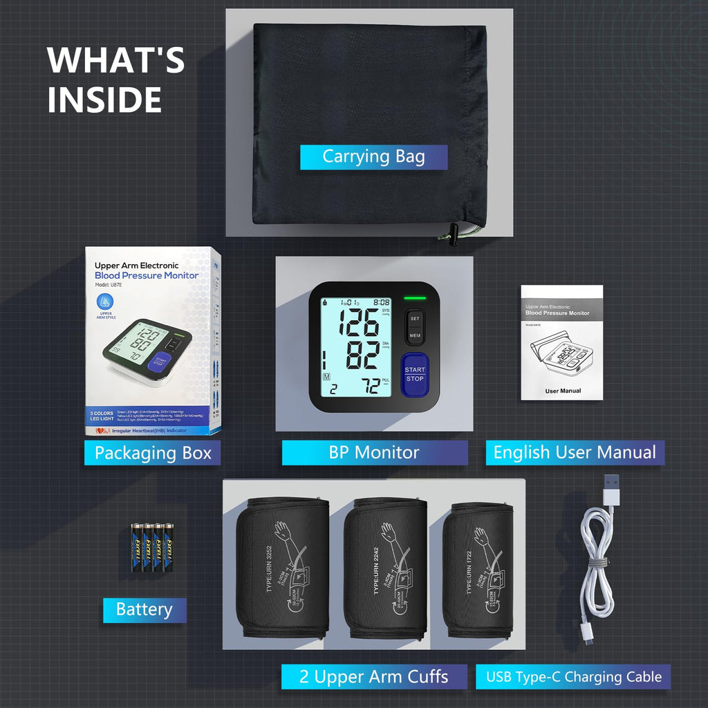 Upper Arm Blood Pressure Machine with 3 Size Cuffs U1820