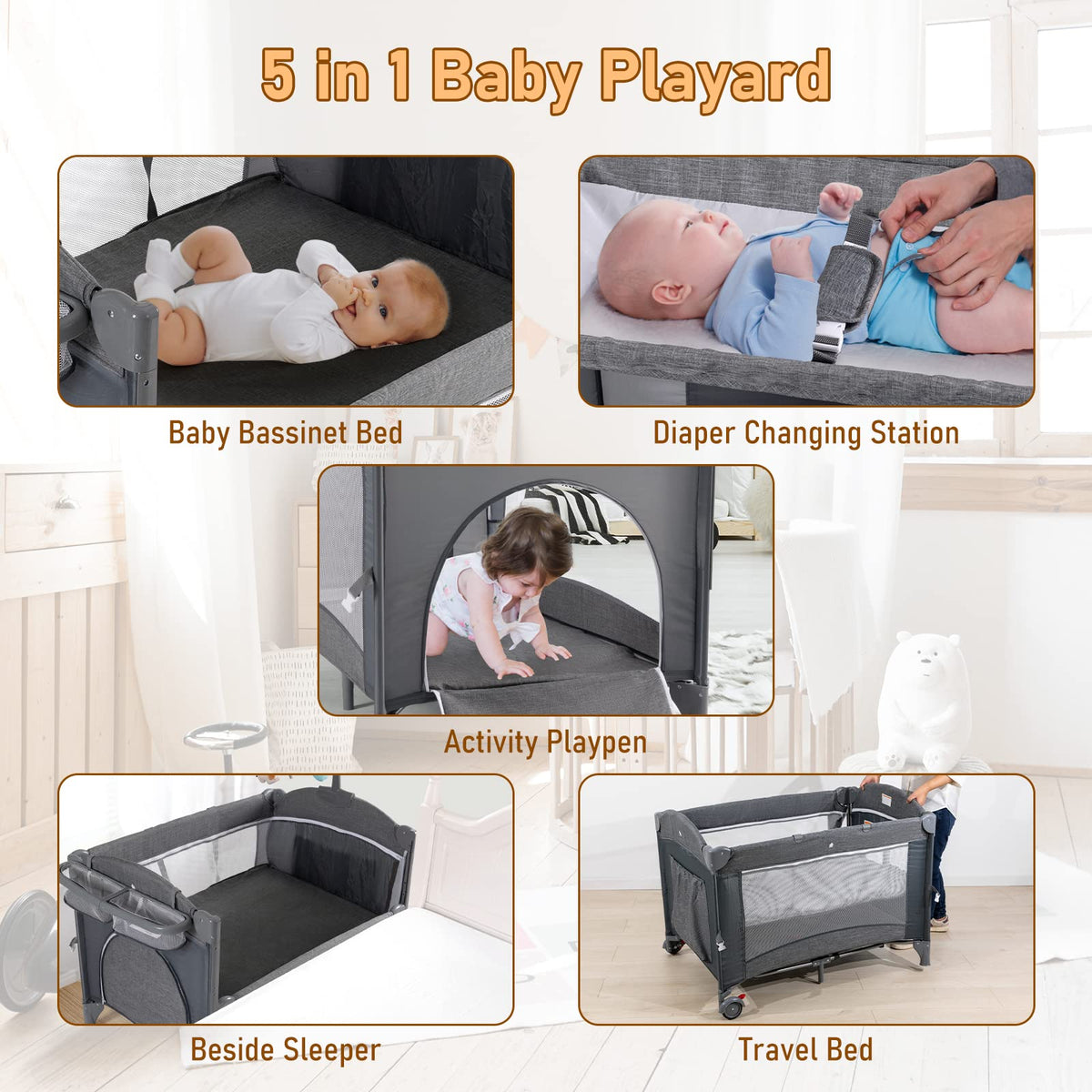 5-in-1 Baby Bassinet Bedside Sleeper Playard K8022