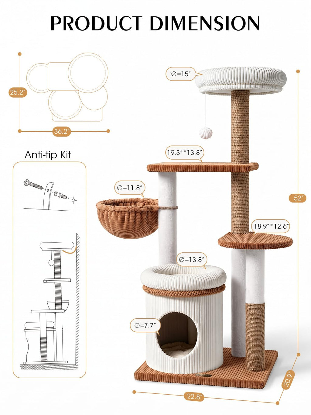 52" Corduroy Cat Tree Tower K9893