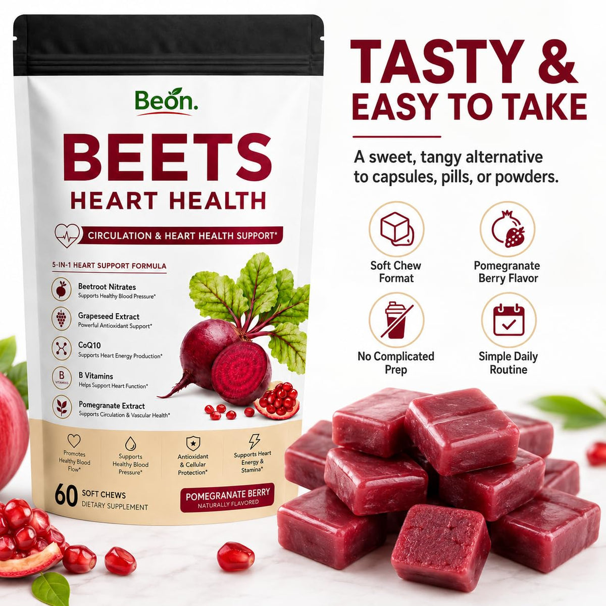 Beet Root Gummies with L-CoQ10 & Grape Seed, Sugar-Free Vegan, 60 Chew R197