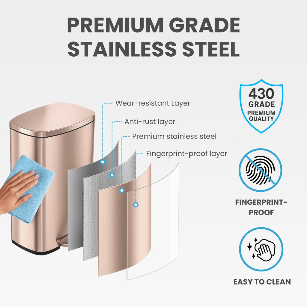 13.2 Gallon Rose Gold Stainless Steel Step Trash Can T810