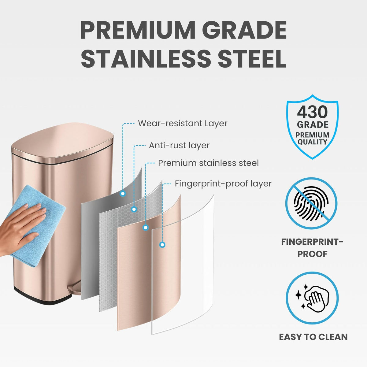 13.2 Gallon Rose Gold Stainless Steel Step Trash Can T810
