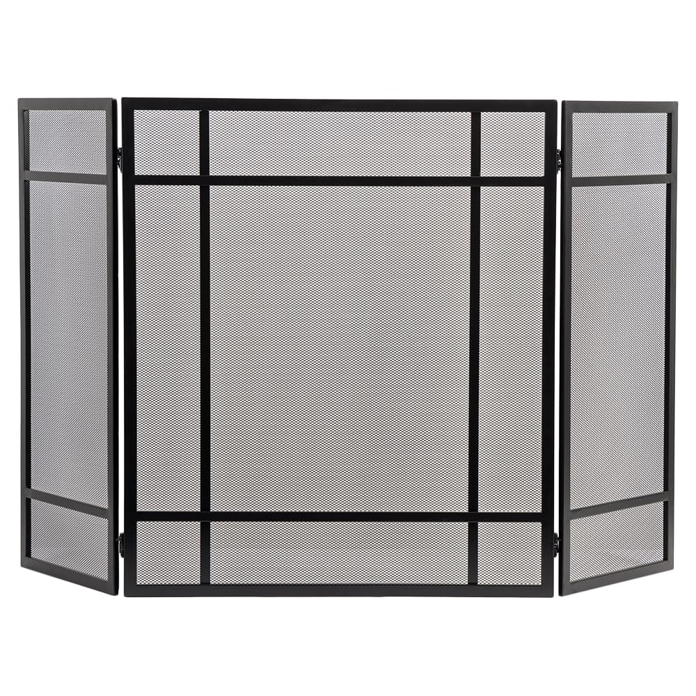 Black 3-Panel Steel Mesh Trifold Fireplace Screen W490140