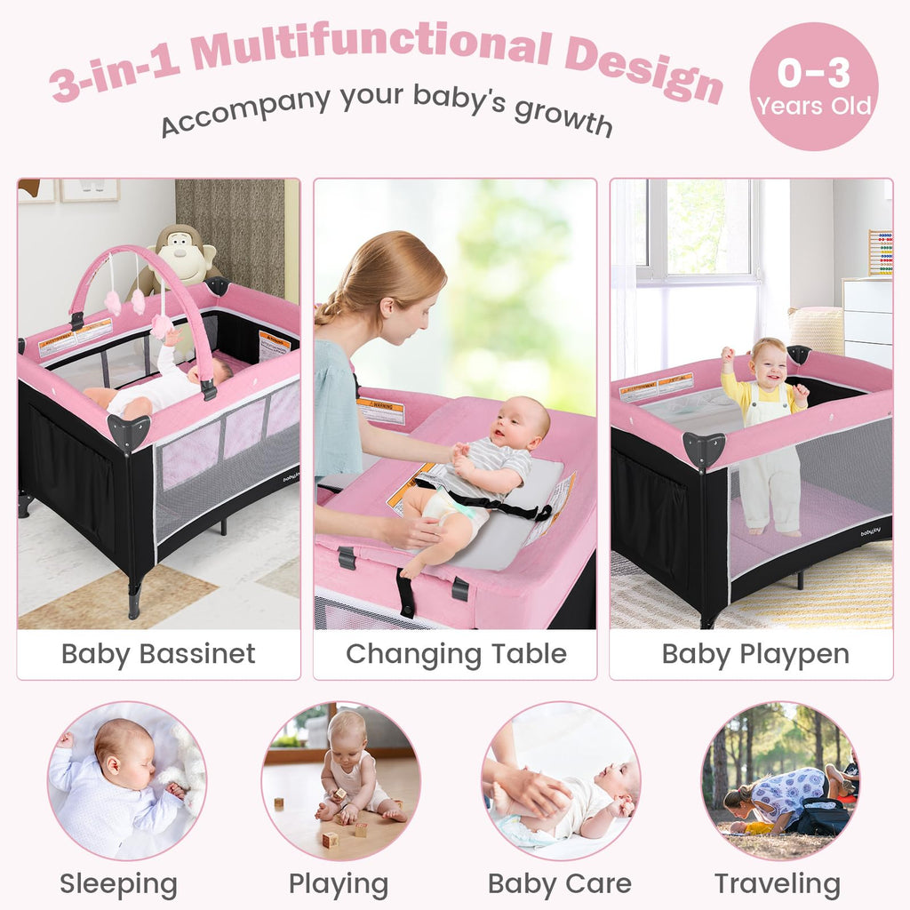3 in 1 Pink Pack and Play Baby Crib Bassinet T76348