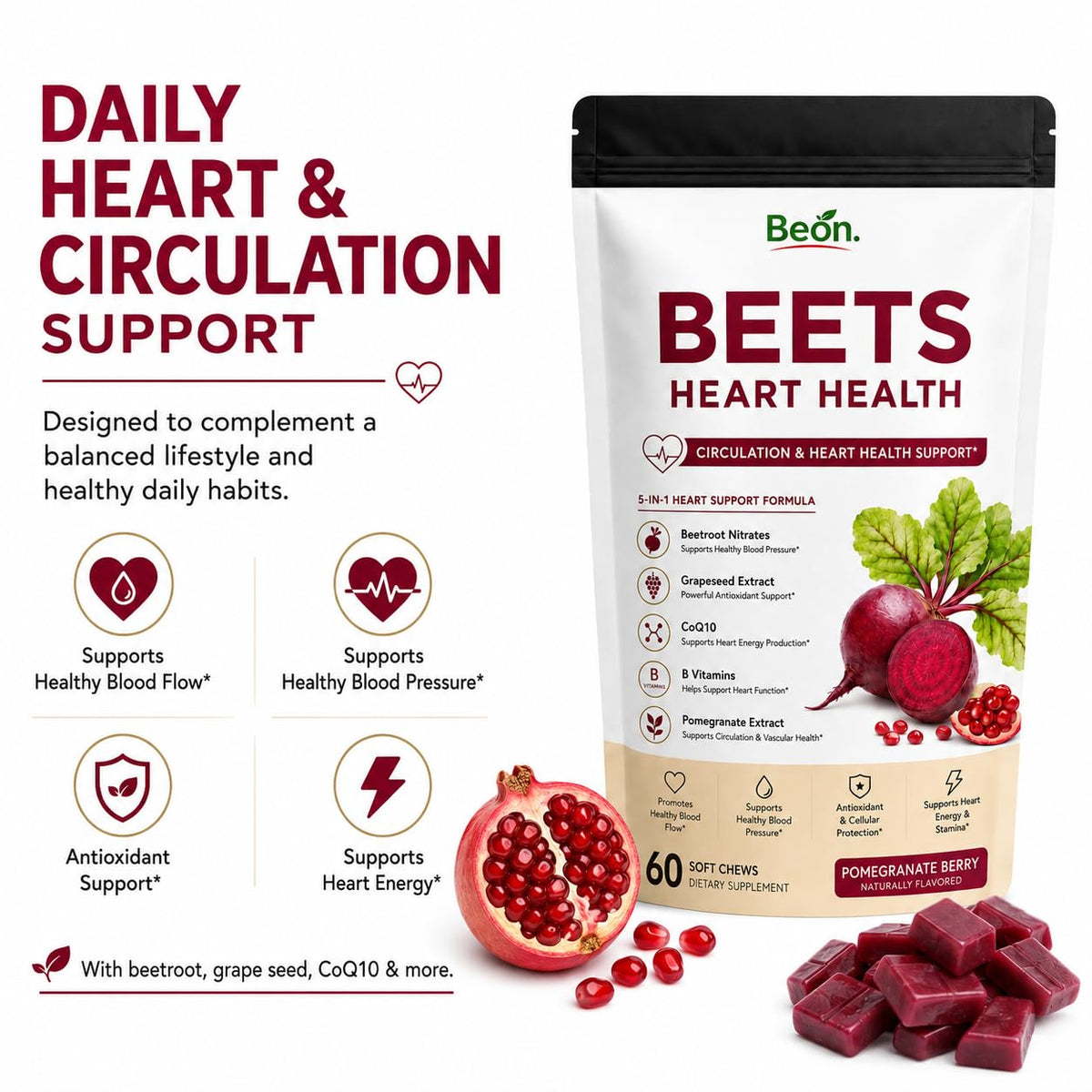 Beet Root Gummies with L-CoQ10 & Grape Seed, Sugar-Free Vegan, 60 Chew R197