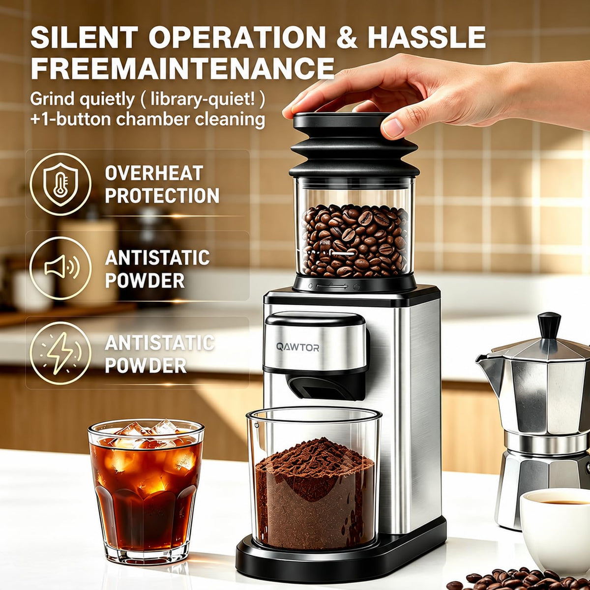 Conical Burr Coffee Bean Grinder, 25 Precise Settings, Anti-Static N694065