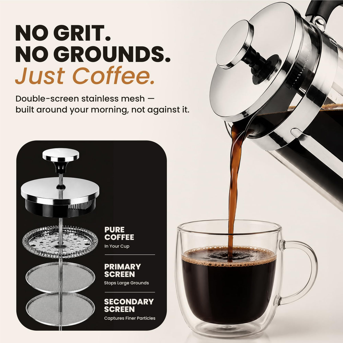 French Press Coffee Maker 34oz Chrome Borosilicate Glass O729
