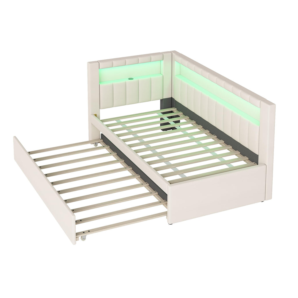 Twin Size Upholstered Daybed with Trundle and USB LED Belt M208