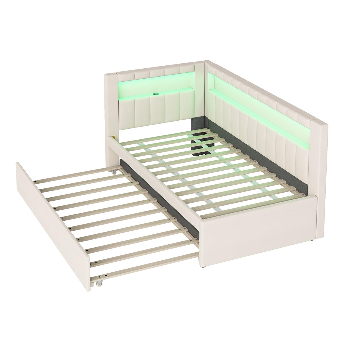 Twin Size Upholstered Daybed with Trundle and USB LED Belt M208