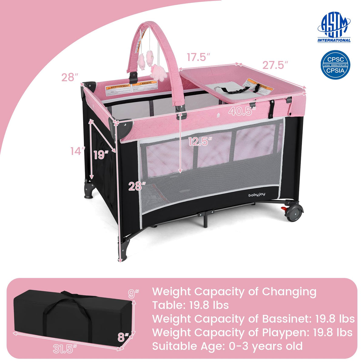 3 in 1 Pink Pack and Play Baby Crib Bassinet T76348