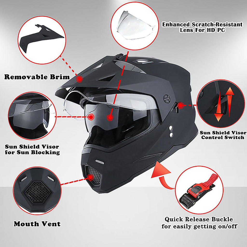 Youth Kids Dual Sport Dual Visor Full Face Helmet Matt Black R496