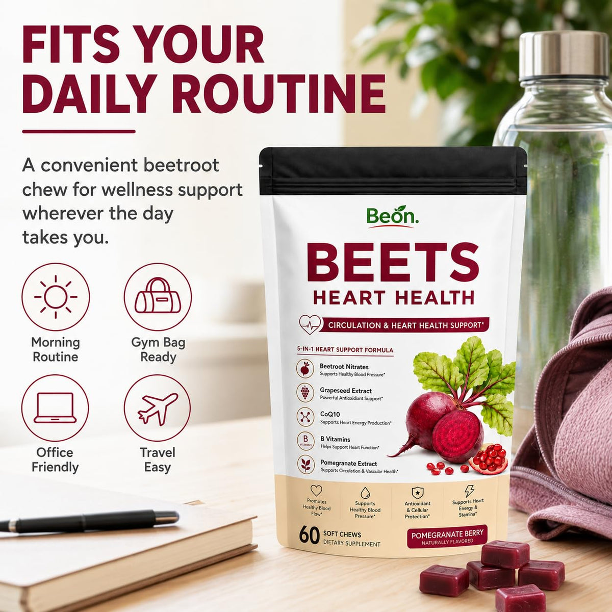 Beet Root Gummies with L-CoQ10 & Grape Seed, Sugar-Free Vegan, 60 Chew R197
