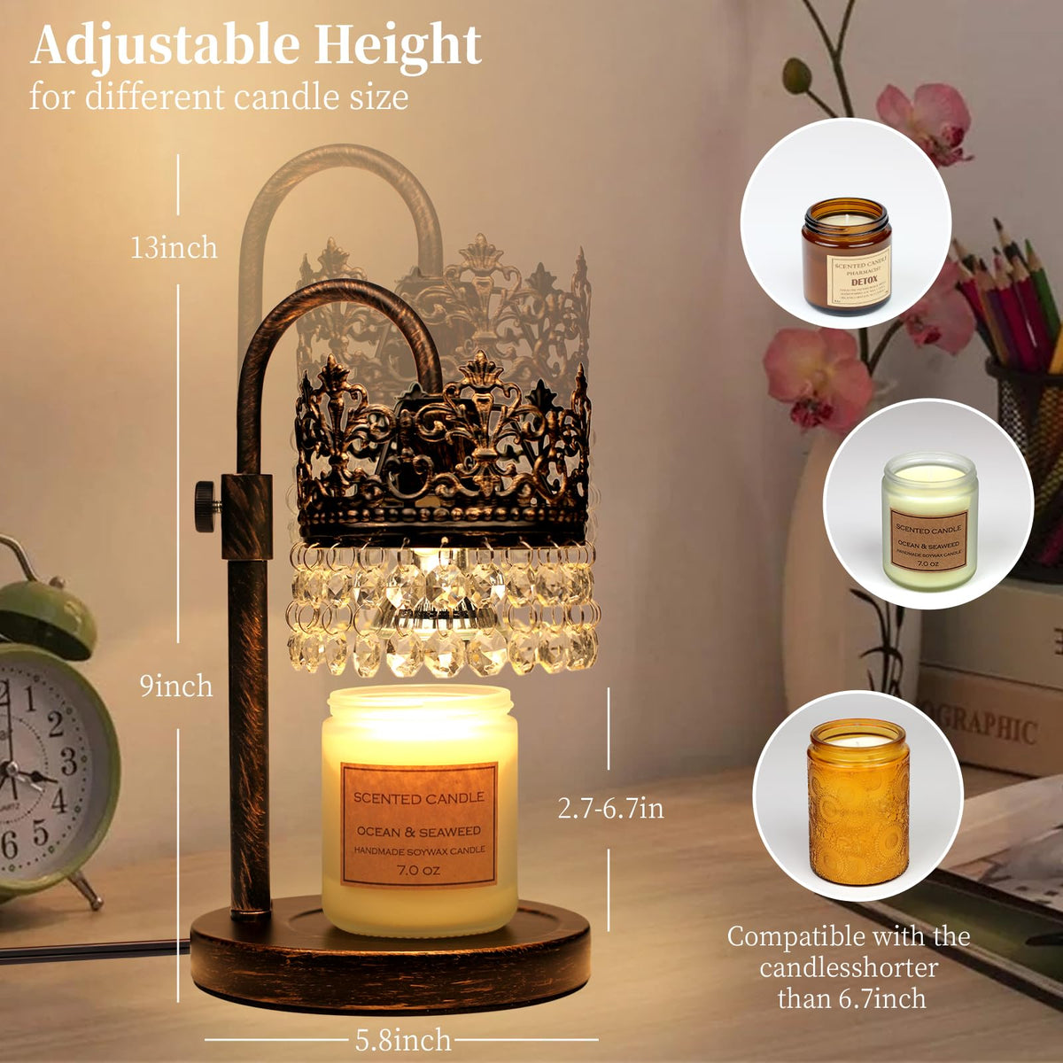 Candle Warmer Lamp with Timer Dimmer Adjustable Height Black Gold Brushed Z85543