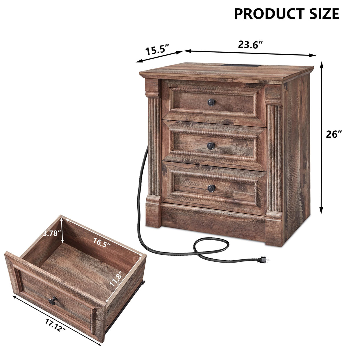 26" Tall 3 Drawer Light Brown Nightstand I39042