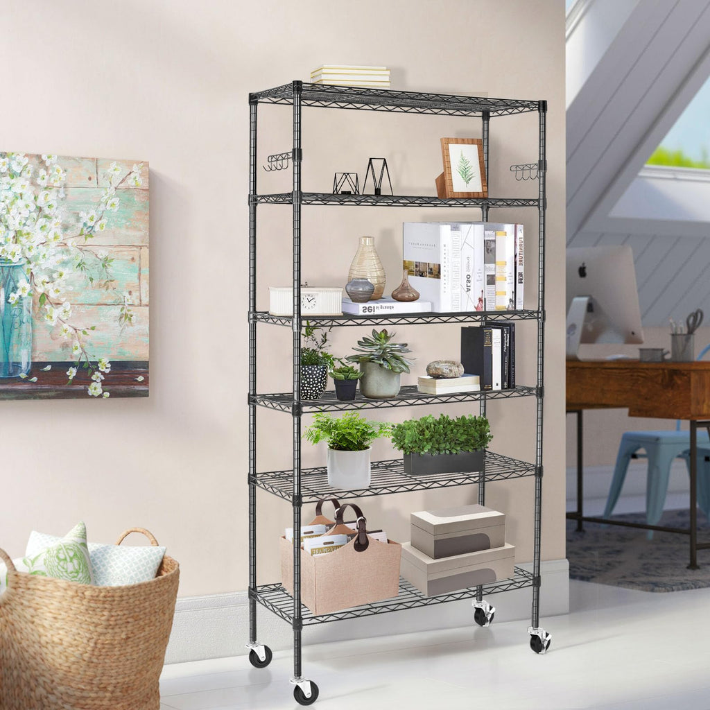 6 Tier Heavy Duty Adjustable Metal Wire Shelving Rack with Wheels, Black B26927