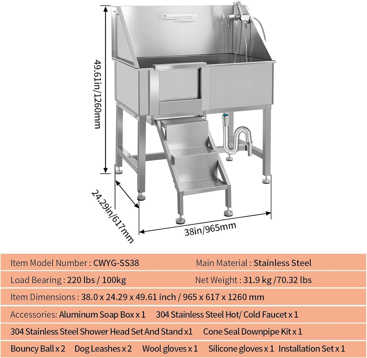 38 Inch Stainless Steel Dog Grooming Tub with Ramp X4781
