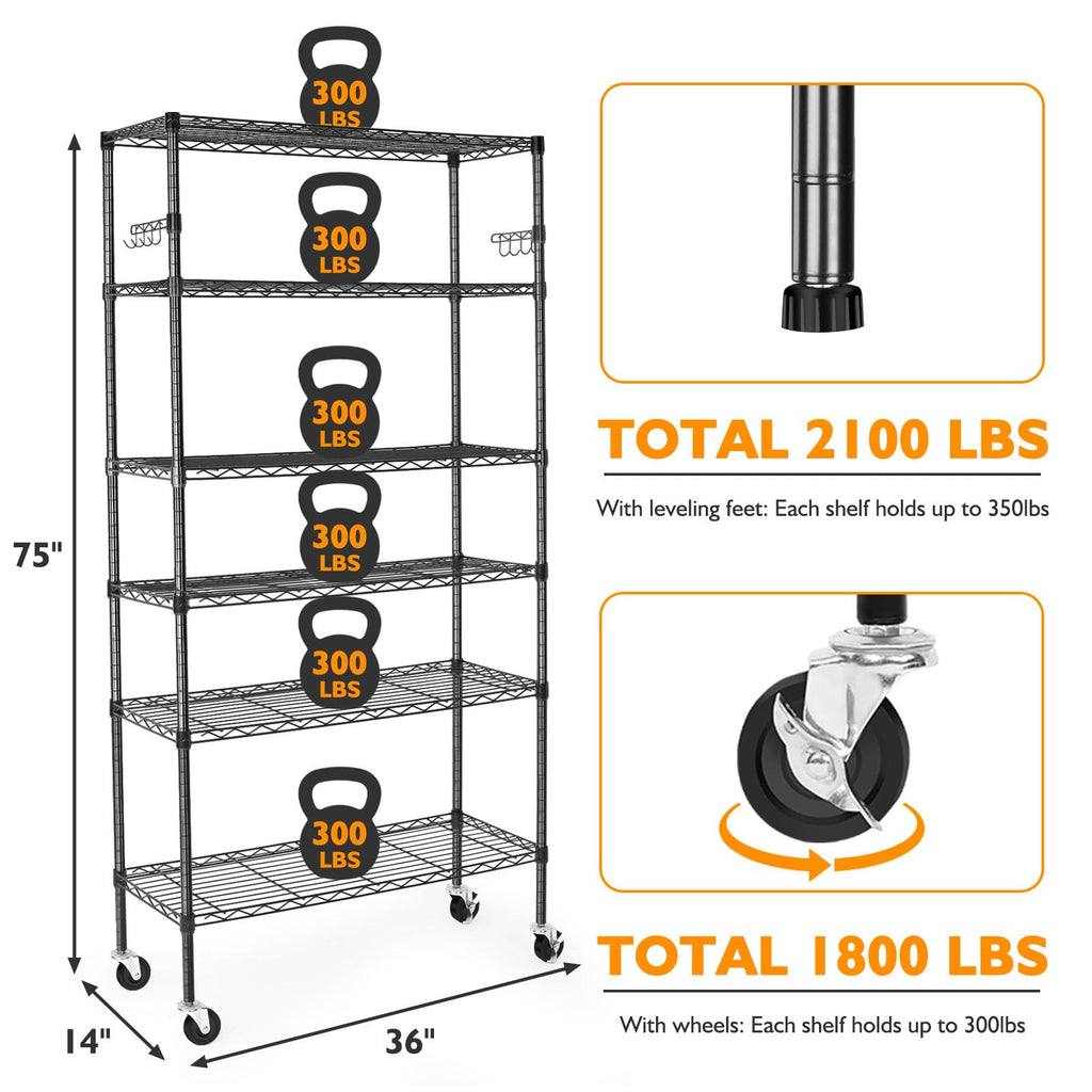 6 Tier Heavy Duty Adjustable Metal Wire Shelving Rack with Wheels, Black B26927