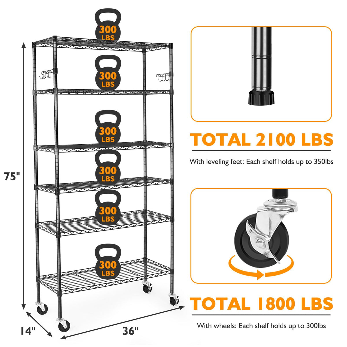 6 Tier Heavy Duty Adjustable Metal Wire Shelving Rack with Wheels, Black B26927