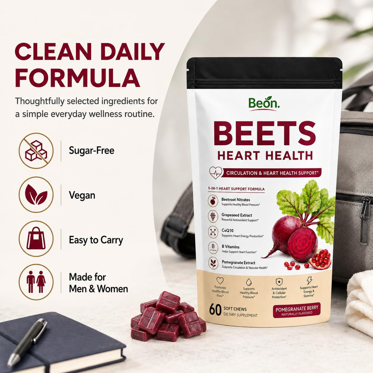 Beet Root Gummies with L-CoQ10 & Grape Seed, Sugar-Free Vegan, 60 Chew R197