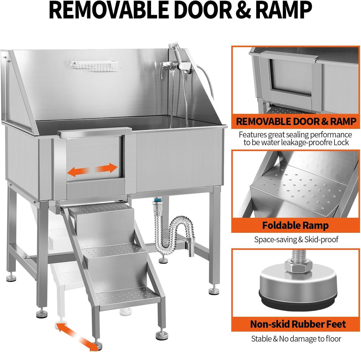 38 Inch Stainless Steel Dog Grooming Tub with Ramp X4781