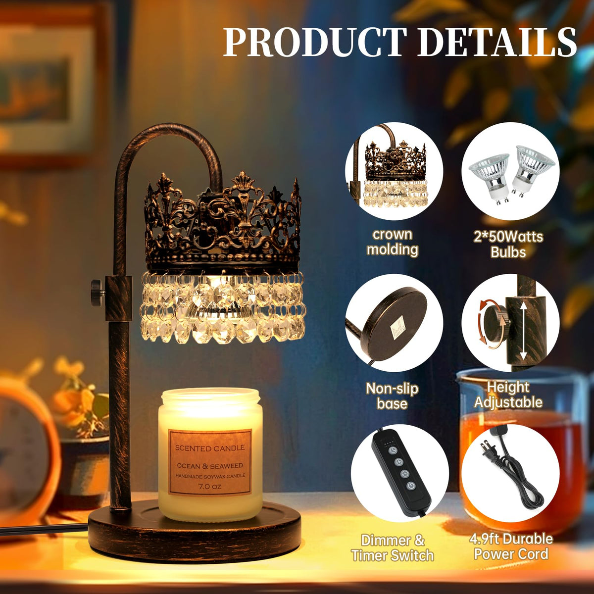 Candle Warmer Lamp with Timer Dimmer Adjustable Height Black Gold Brushed Z85543