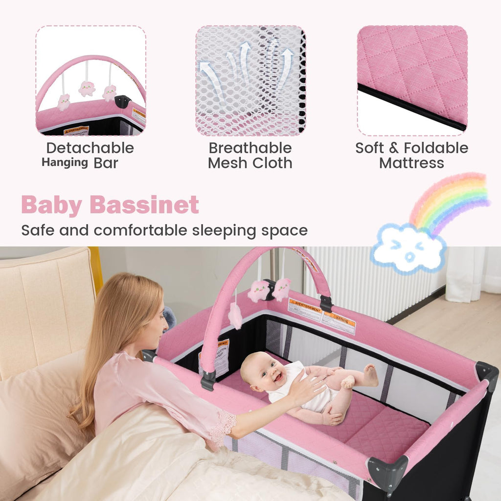 3 in 1 Pink Pack and Play Baby Crib Bassinet T76348