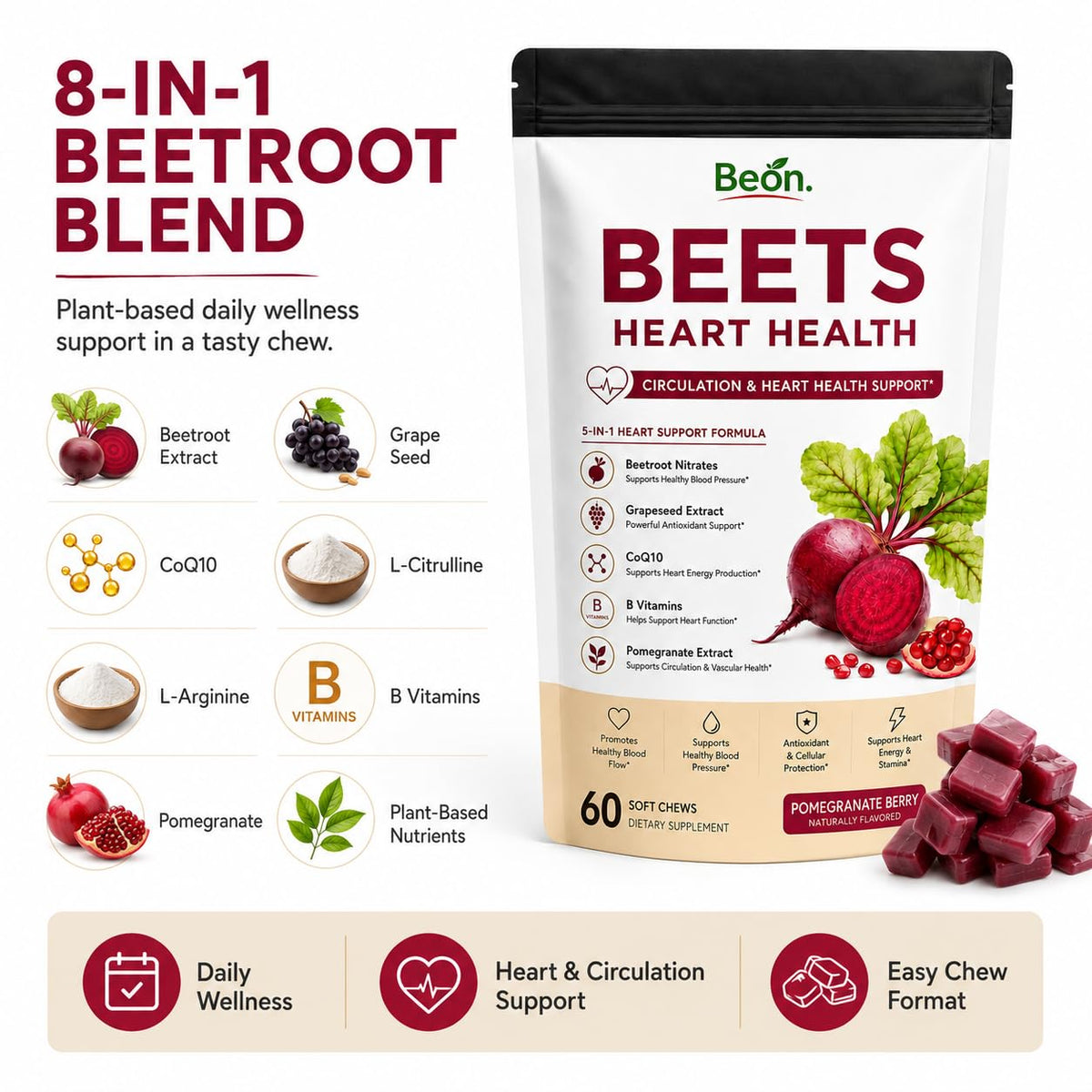 Beet Root Gummies with L-CoQ10 & Grape Seed, Sugar-Free Vegan, 60 Chew R197