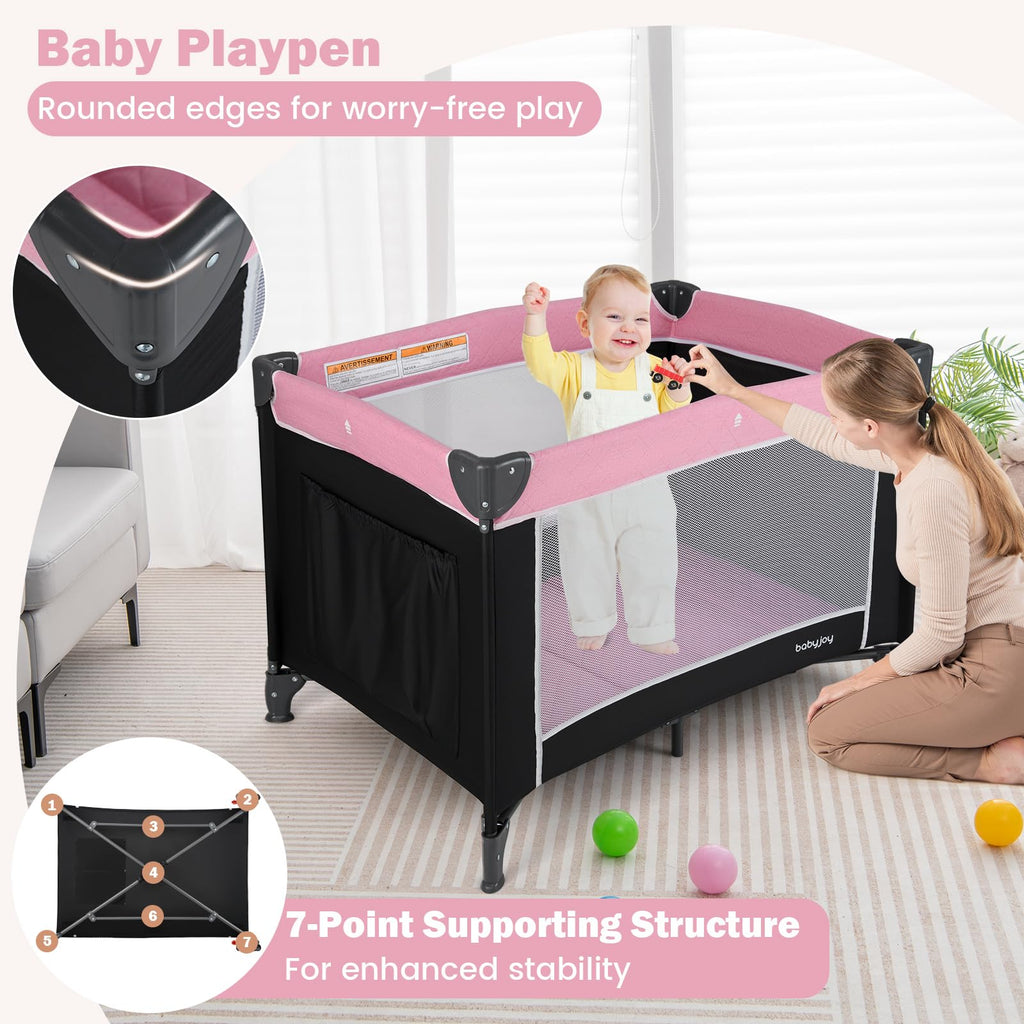 3 in 1 Pink Pack and Play Baby Crib Bassinet T76348