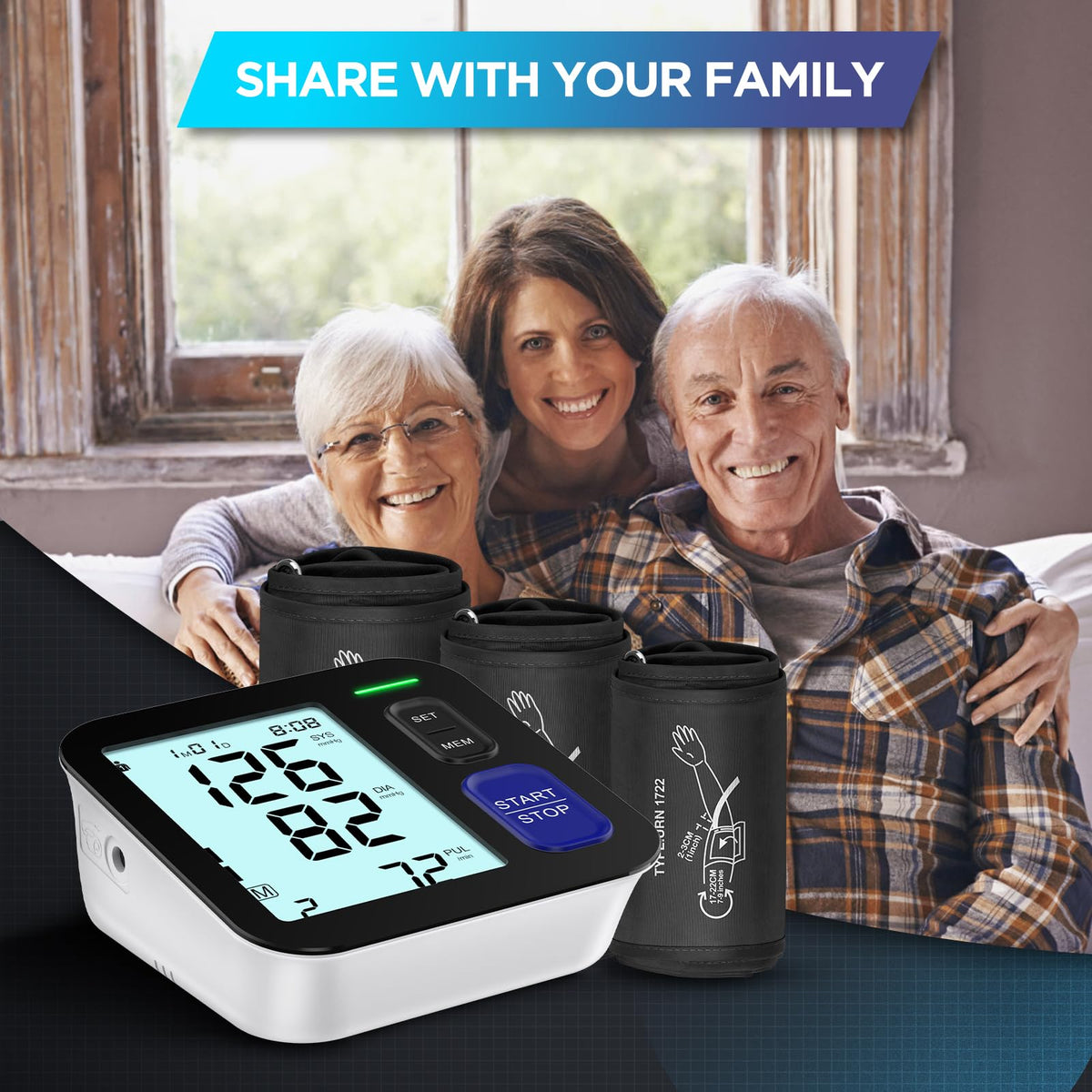 Upper Arm Blood Pressure Machine with 3 Size Cuffs U1820