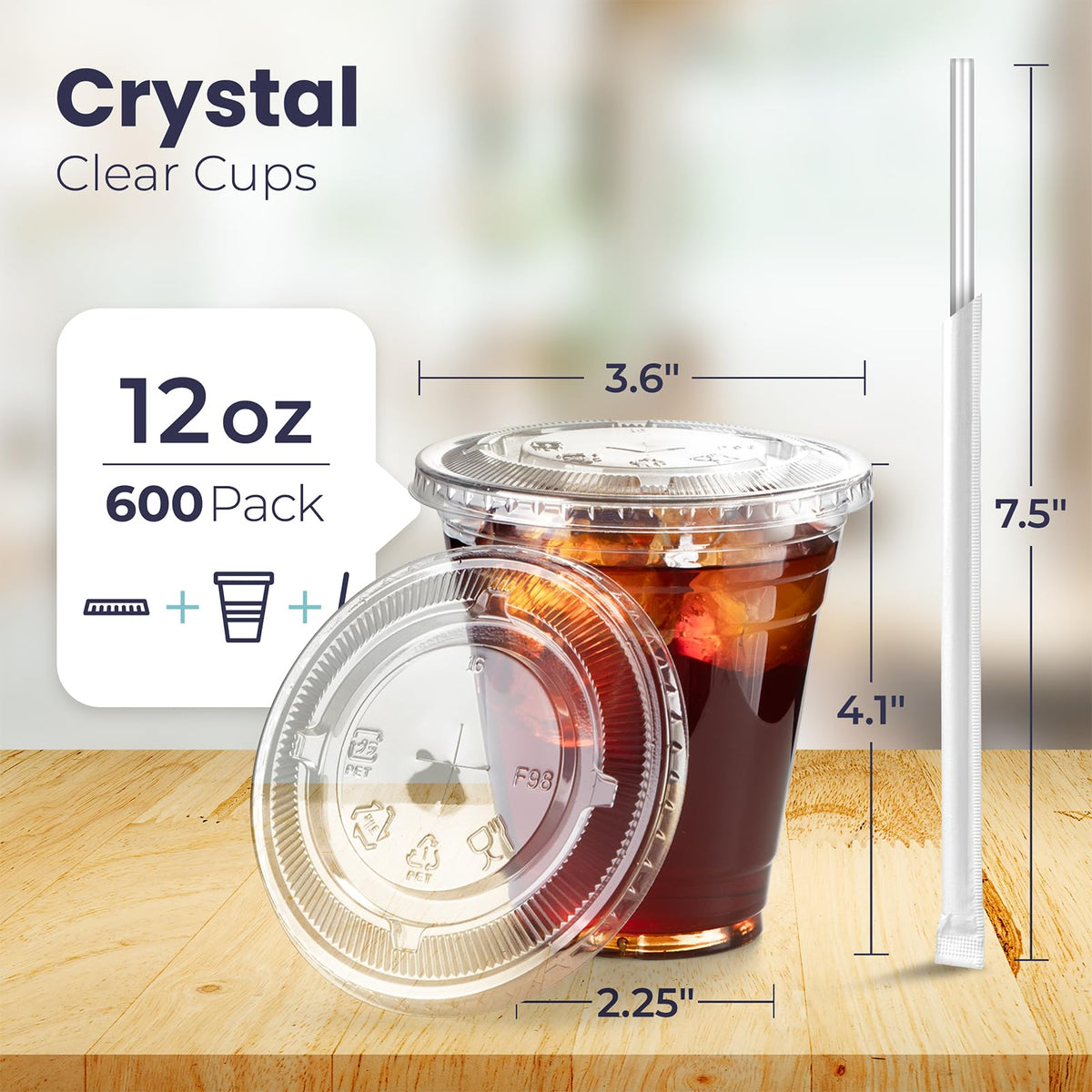 12 oz Clear Plastic Cups with Lids and Straws T8890